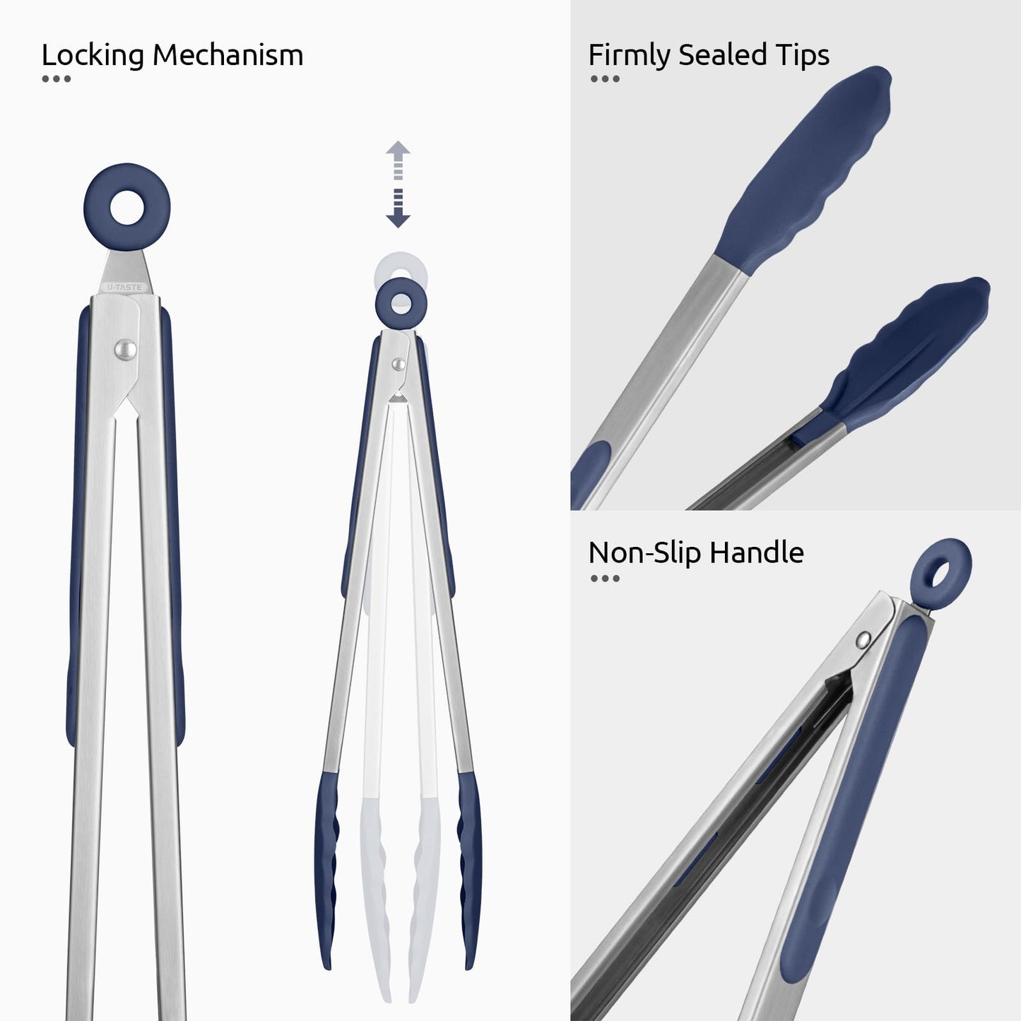 600ºF Heat Resistant Kitchen Tongs: U-Taste 9+12 inch Silicone Cooking Tong Set with Firm Sealed Non Stick Rubber Tips and Silicon Coated 18/8 Stainless Steel Handle for Serving Grilling-Midnight Blue