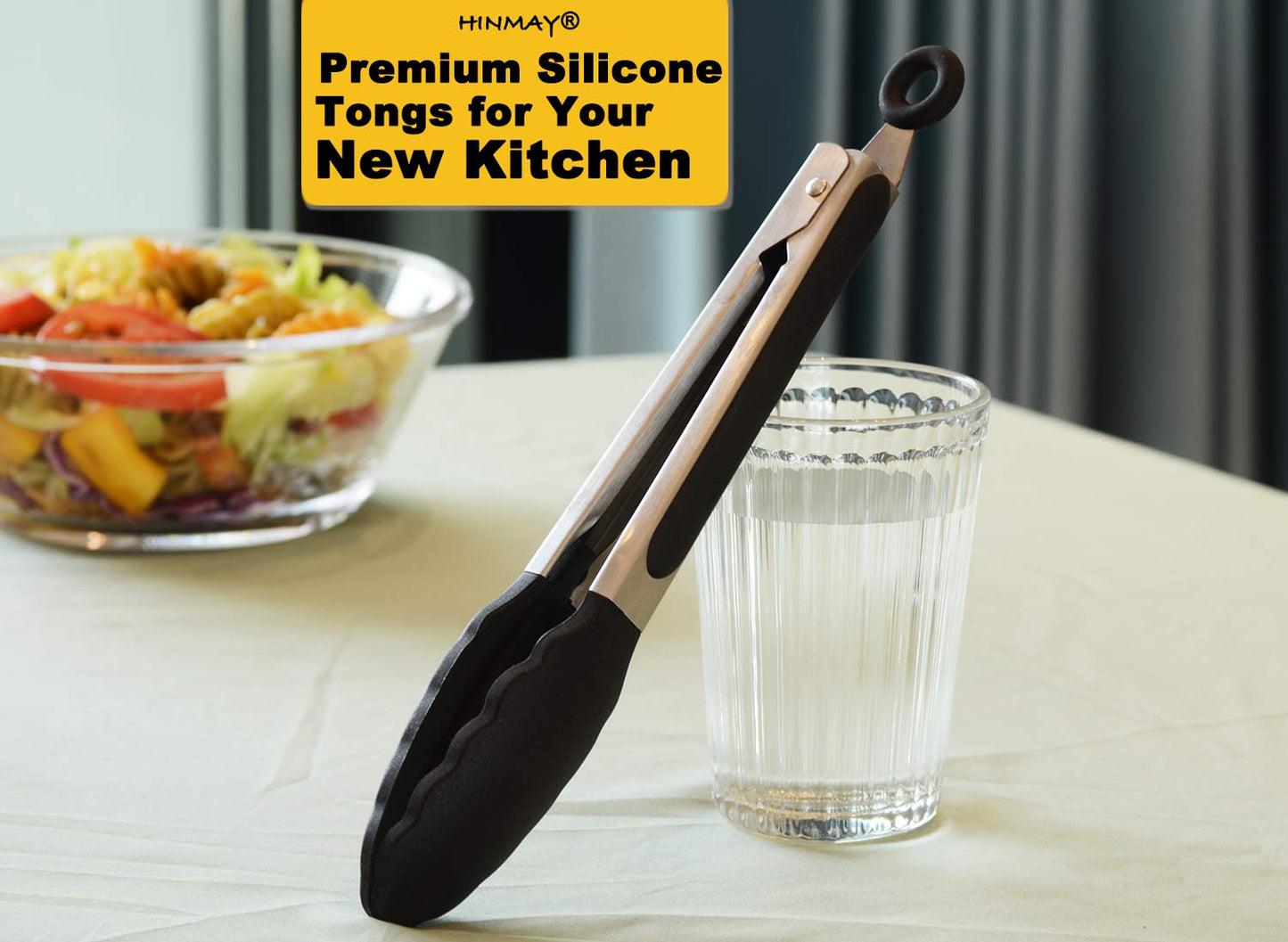 HINMAY Serving Tongs 9-Inch Cooking Tongs with Silicone Tips, Set of 3 (Black)