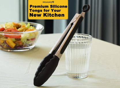 HINMAY Serving Tongs 9-Inch Cooking Tongs with Silicone Tips, Set of 3 (Black)