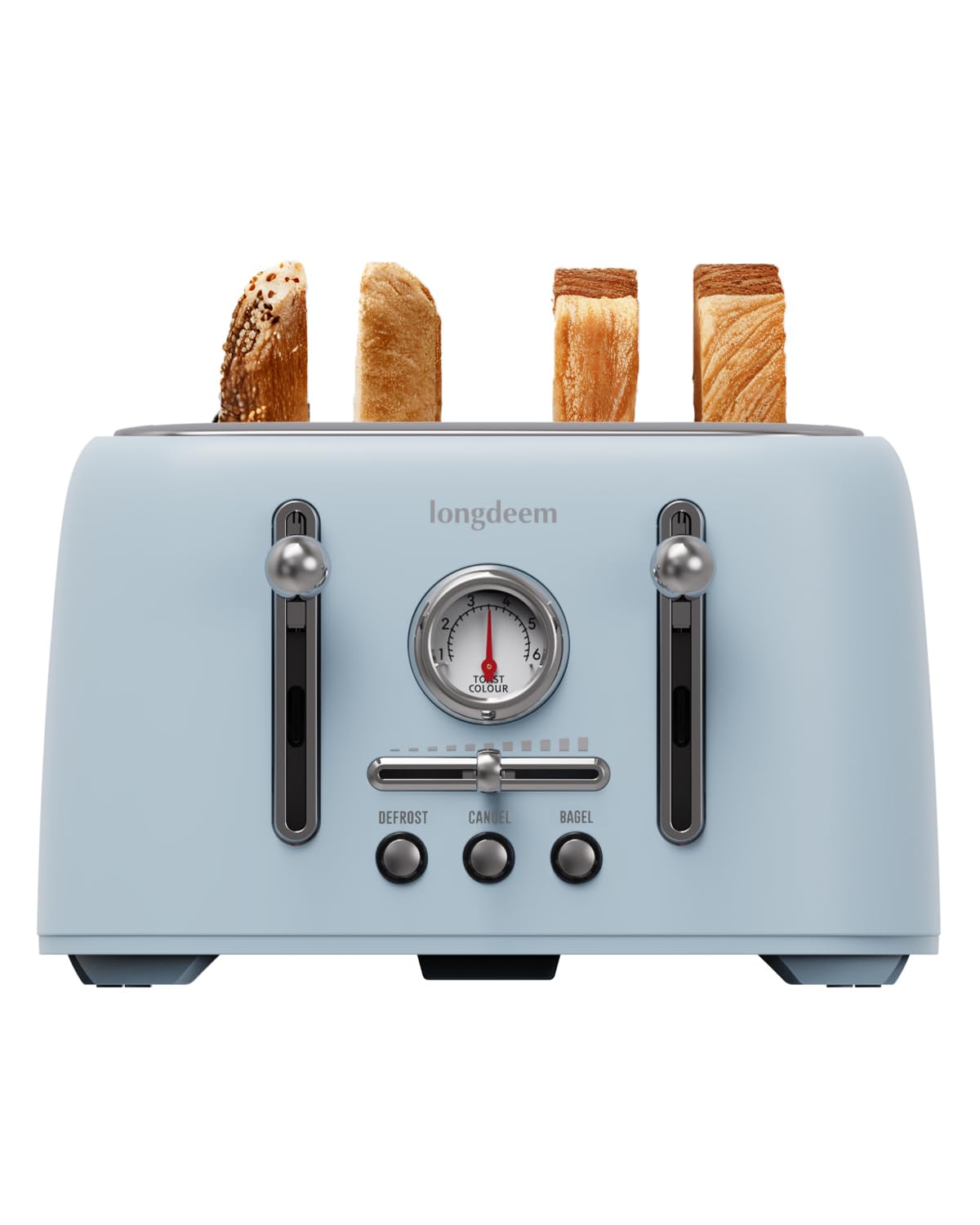 LONGDEEM 4-Slice Retro Toaster, 1.6" Extra-Wide Slots, 6 Browning Levels, Bagel/Defrost/Cancel, Stainless Steel, Compact Blue