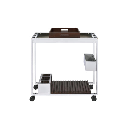roomfitters Lisses Chrome and Walnut Serving Cart, Contemporary Luxury electroplated Electroplated Bar Trolley with Removable Serving Tray and Stemware Shelf