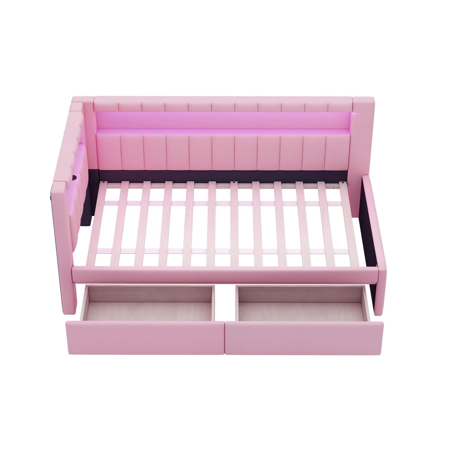 Bellemave Twin Size Upholstered Daybed with Drawers and USB/LED Belt, Corner Bed with Drawers. L-Shape daybed for Bedroom Living Room, Pink（Linen）
