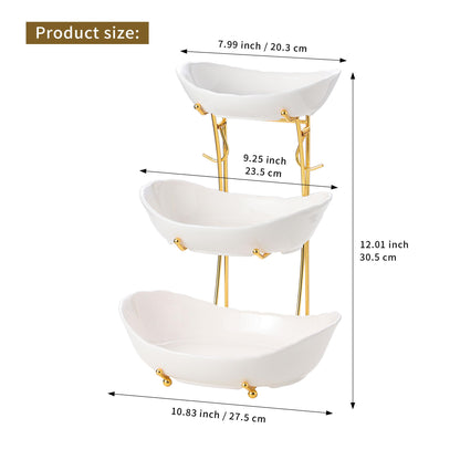 Leijosya Elegant 3-Tier Ceramic Serving Bowl Set with Gold Stand, White Decorative Display Bowls for Fruits, Desserts, Appetizers