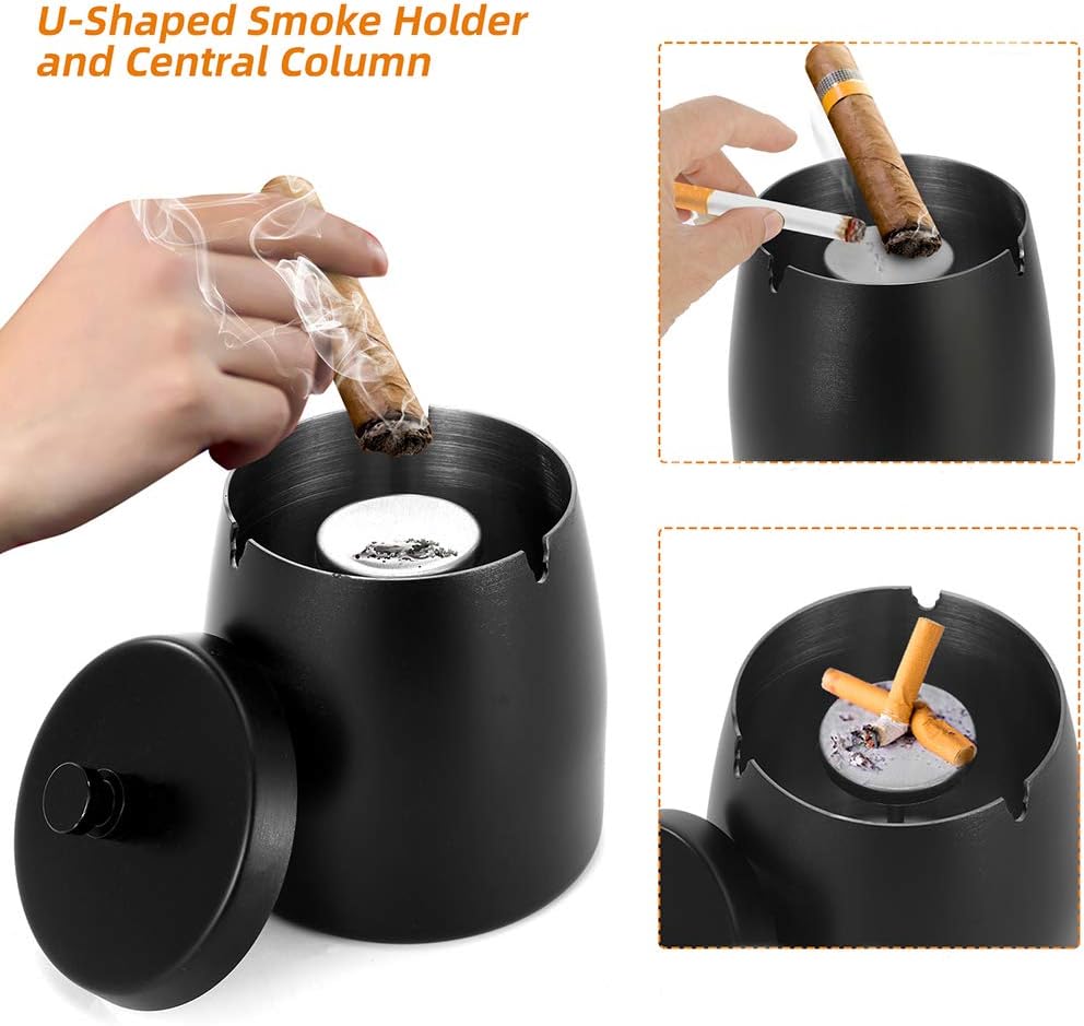Large Outdoor Cigarette Ashtray with Lid, Smokeless Stainless Steel Ash Trays, Covered Windproof Smell Proof Ashtrays