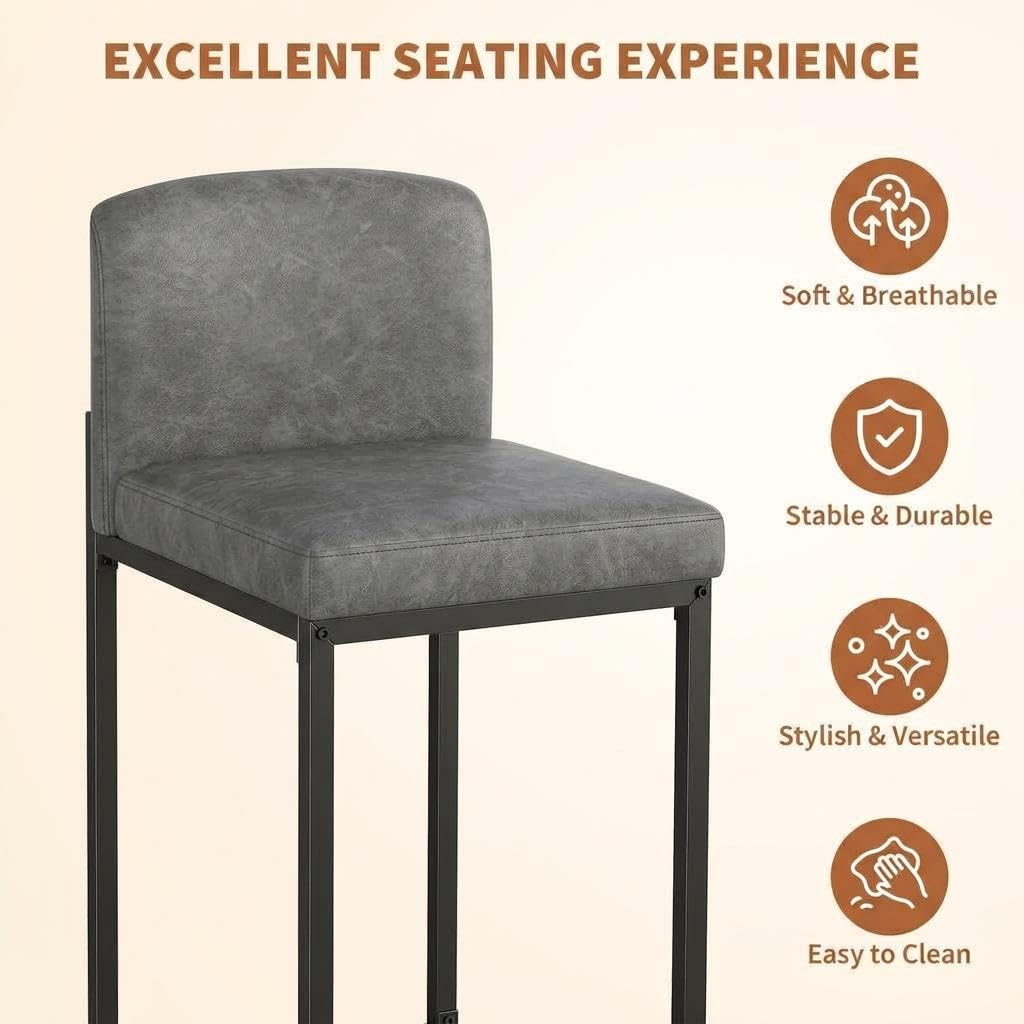 GarveeHome Bar Stools Set of 4, Modern Counter Height Bar Stools with Back and Footrest, Faux Leather Upholstered Barstools Chairs for Kitchen Island Dining Room Bar, Grey