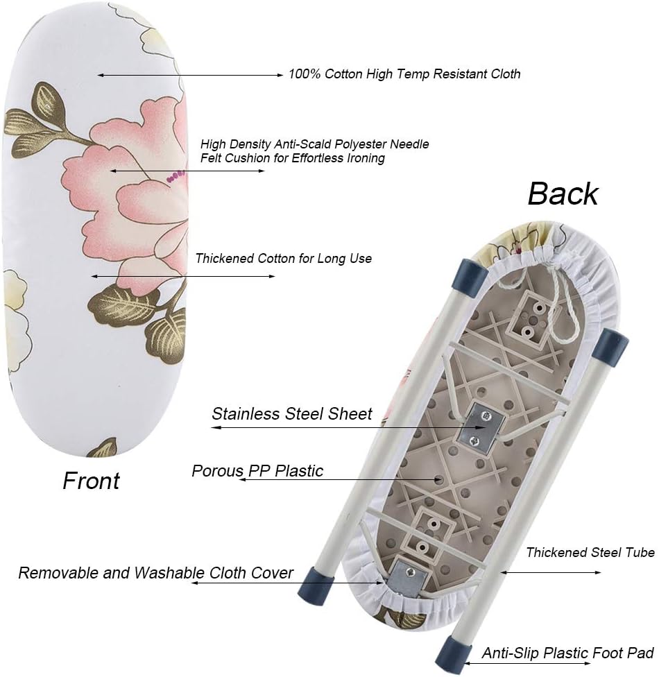 Small Ironing Board, Mini Foldable Tabletop Board for Shirt Cuffs, Collars, Sewing, Travel Use (Peony)