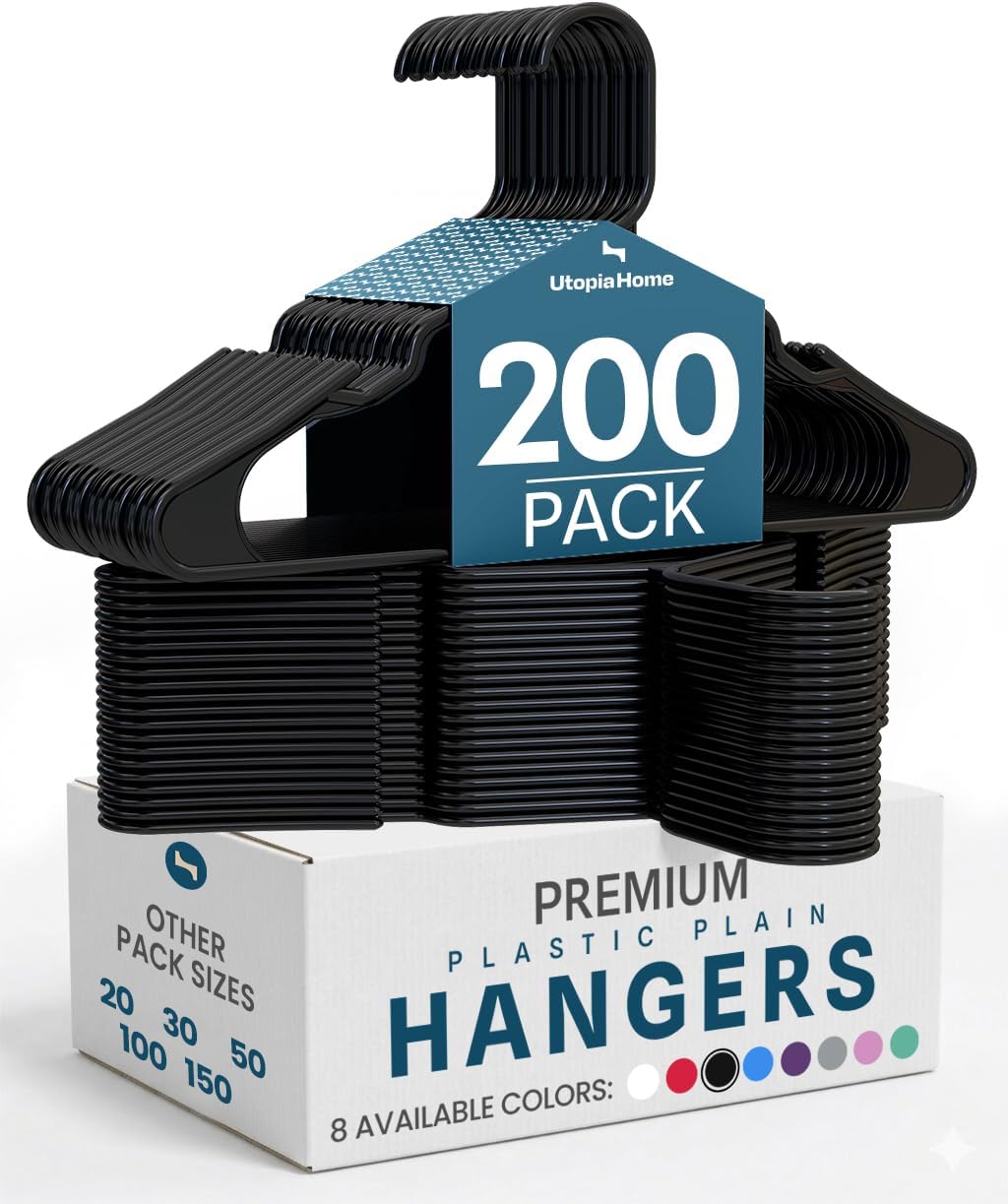 Utopia Home Plastic Hangers - Durable Space-Saving Clothes Hangers - 200 Pack in Black