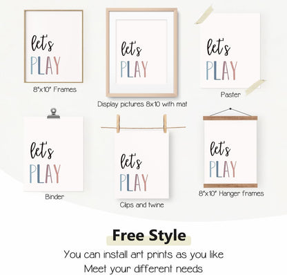 Set 4 PLKMN Let's Play Read Wall Art Prints Decor of - Play Room Essentials, Boho Neutral Let's Learn Let's Create