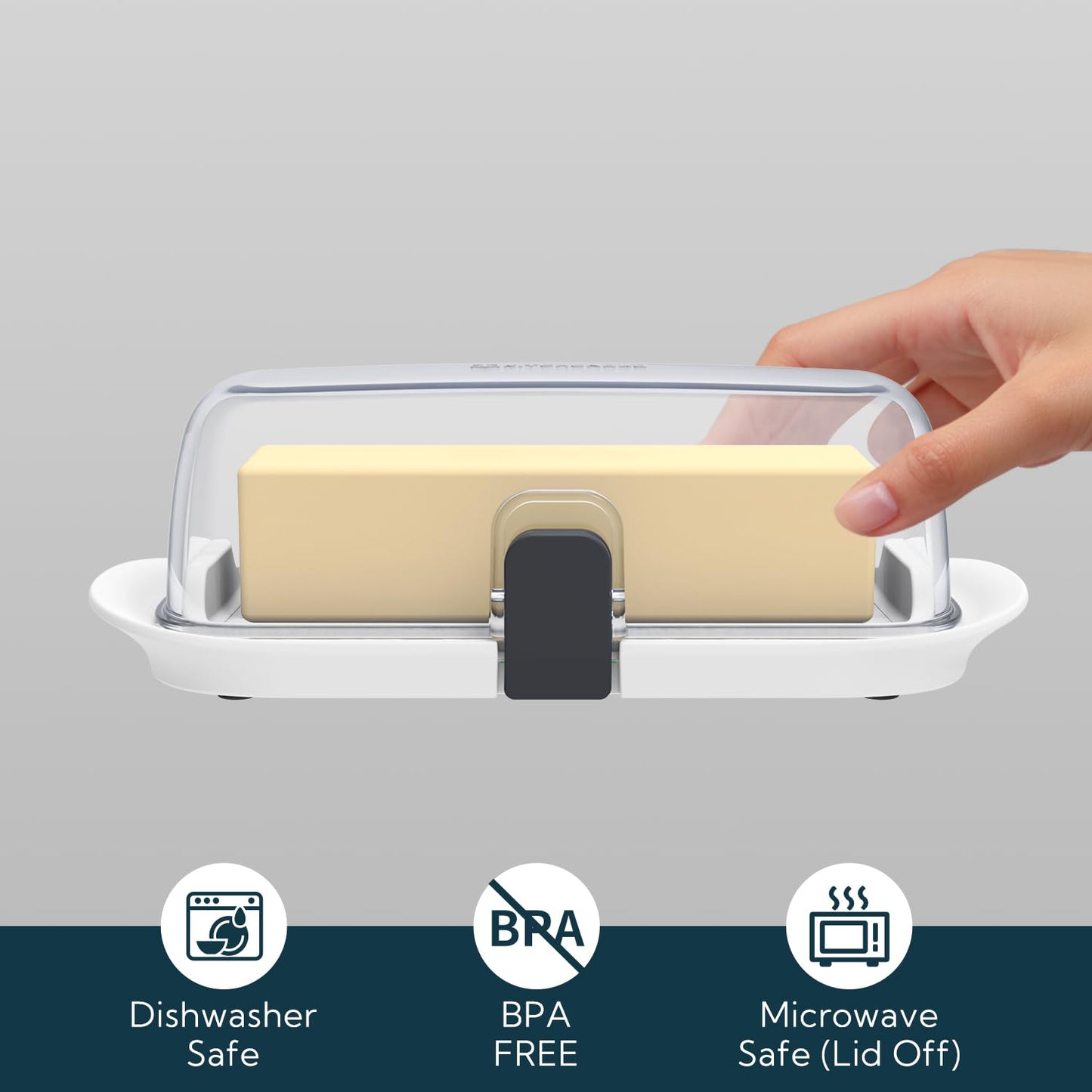 KITCHENDAO Large One-handed Butter Dish with Lid for Countertop, Airtight Butter Holder with One Press to Open/Close Secure Latching Buckle for East Coast/West Coast/European/Kerrygold Butter(White)