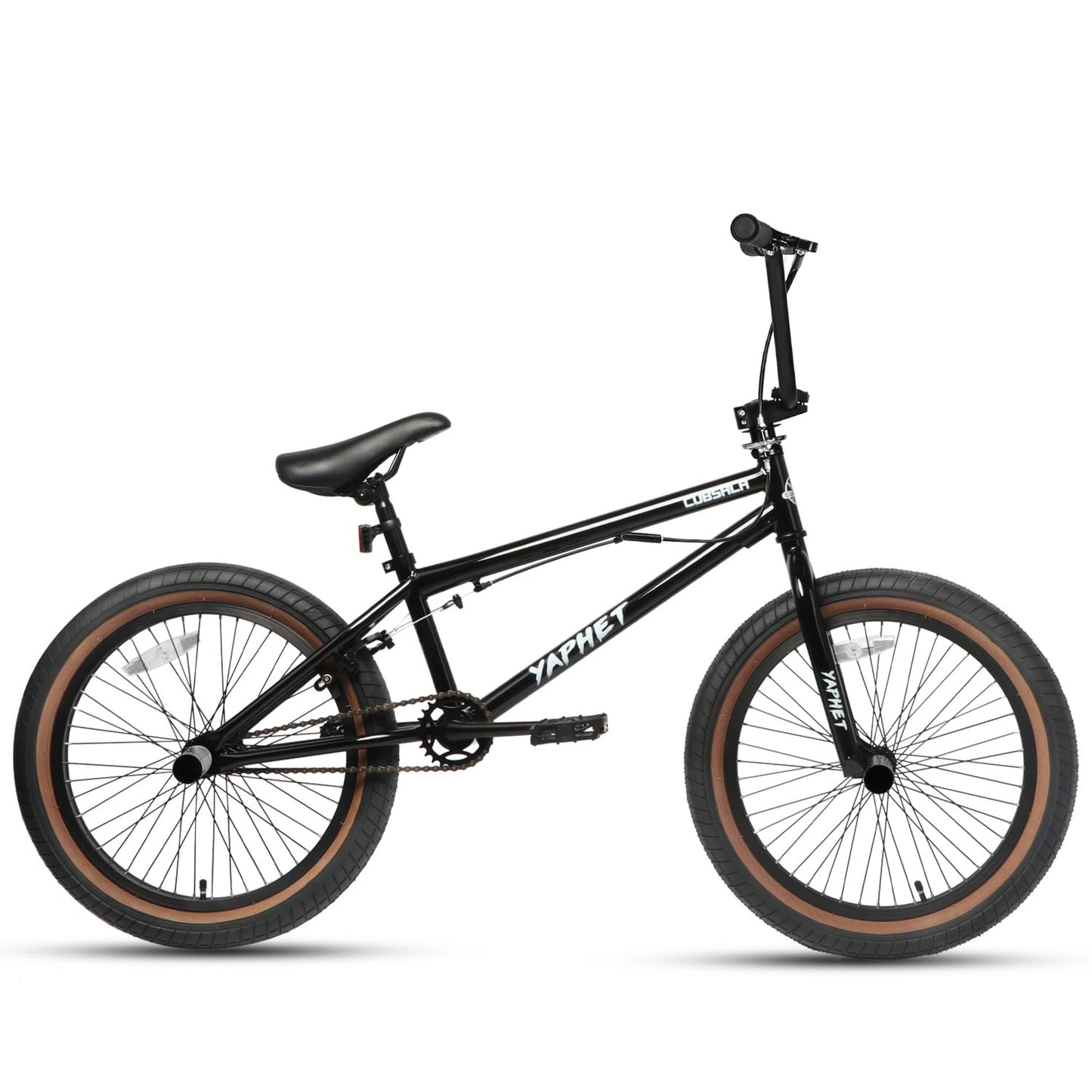 cubsala Freestyle BMX Bike, 20 Inch Yaphet Bicycle for Teen Beginner Adult Riders, Bike with 360° Rotating Handlebar and 4 pegs, Black with Brown Tire
