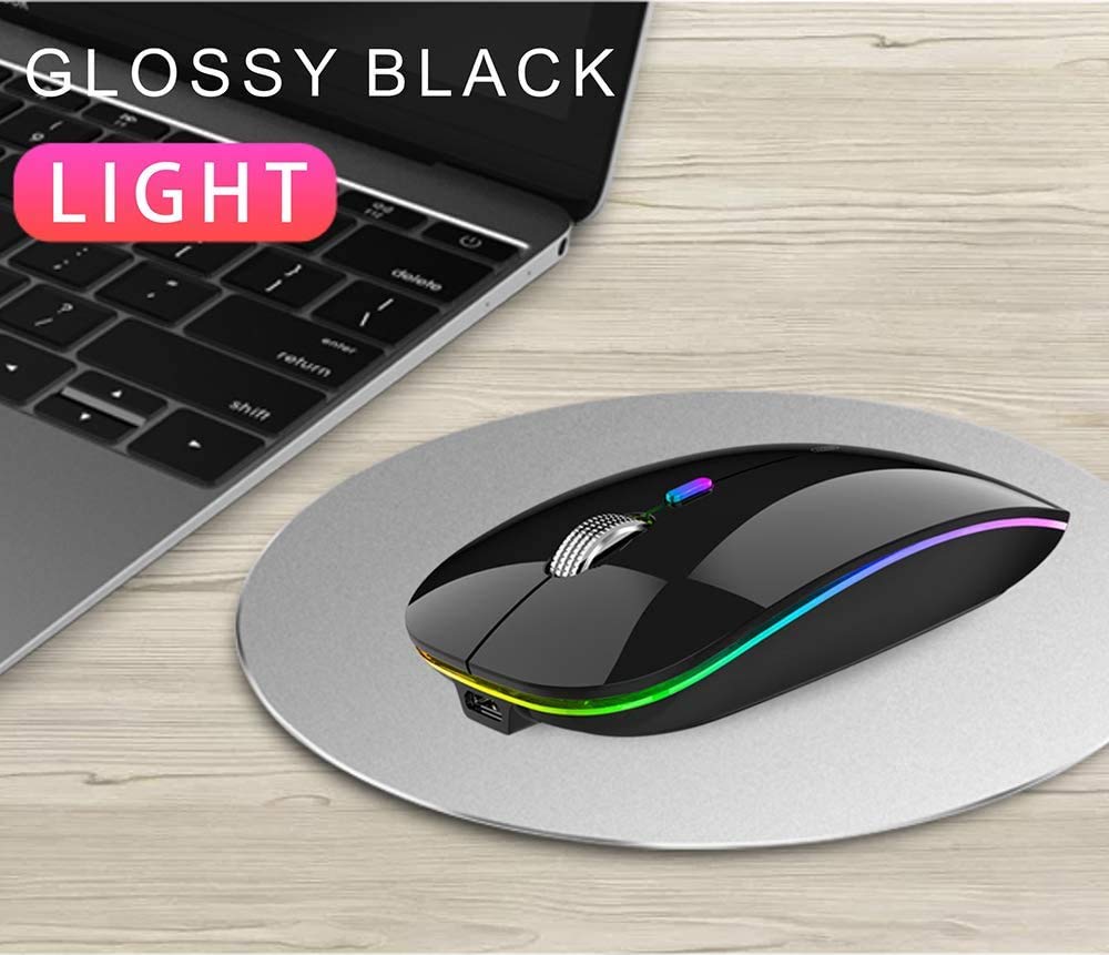 TENMOS Wireless Bluetooth Mouse, LED Slim (Bluetooth 5.1/5.0 + USB) 2.4GHz Rechargeable Silent Bluetooth Wireless Mouse with Type C Adapter for Laptop/MacBook/iPad OS 13 and Above (Matte Black)