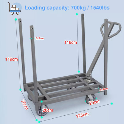 Heavy Duty Folding Platform Trolley, Removable Armrest and Fence Pole, Commercial Cloth Pulling Cart for Warehouse and Workshop, Easy Installation