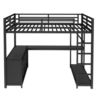 KEIKI Loft Bed Queen Size with Desk and Storage, Metal Bedframe with Shelves and Safety Guardrail, No Box Spring Needed, Space Saving, for Teens & Adults, Black