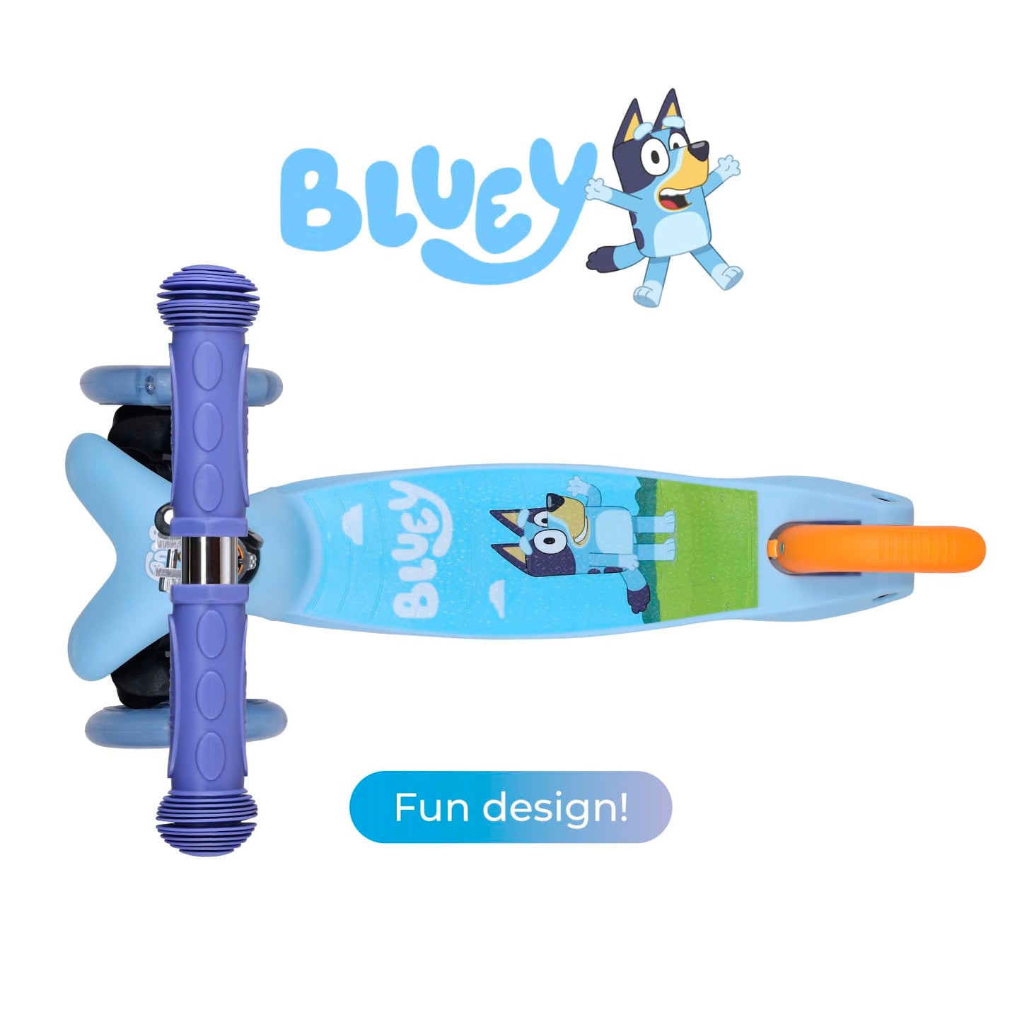 Voyager Self Balancing Kick Scooter with Light Up Wheels, Extra Wide Deck, 3 Wheel Platform, Foot Activated Brake, 75 lbs Limit, Kids & Toddlers Girls or Boys, for Ages 3 and Up, Bluey