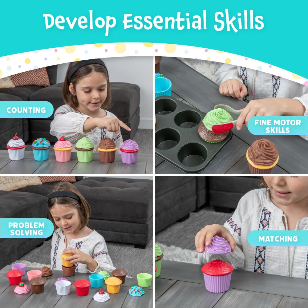 Popular Playthings Magnetic Bake & Play Cupcakes Toy Set, Pretend Cupcake Kitchen Kit for Kids, Gifts for Toddler Girls - 20 Pieces