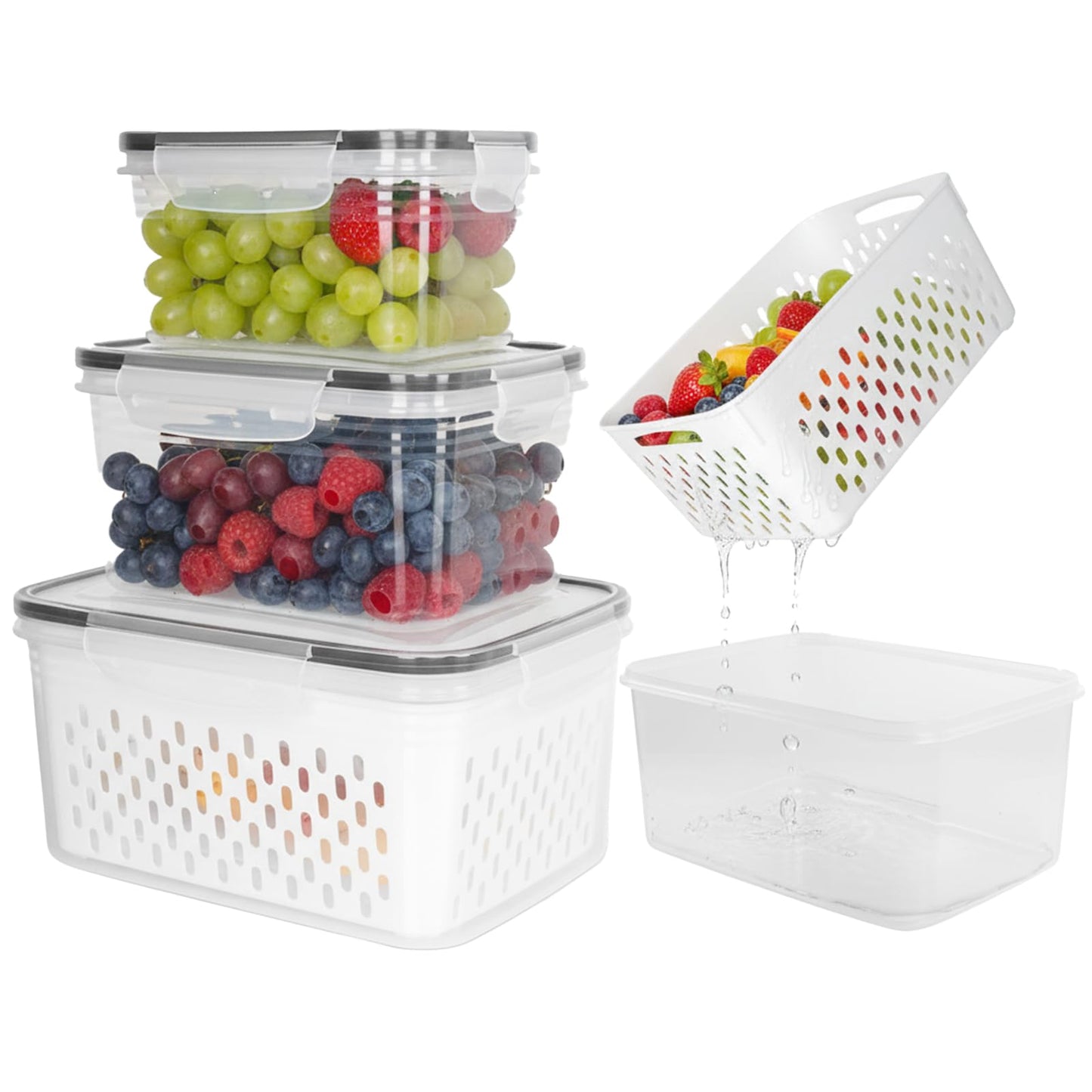 Dukrouk Grape Container for Fridge,3PCS(0.9Qt - 13.5Qt),Leakproof Grape Container with Removable Colander,Dishwasher & microwave safe Produce Containers,Keep Fruits, Vegetables, Meat Fresh Longer