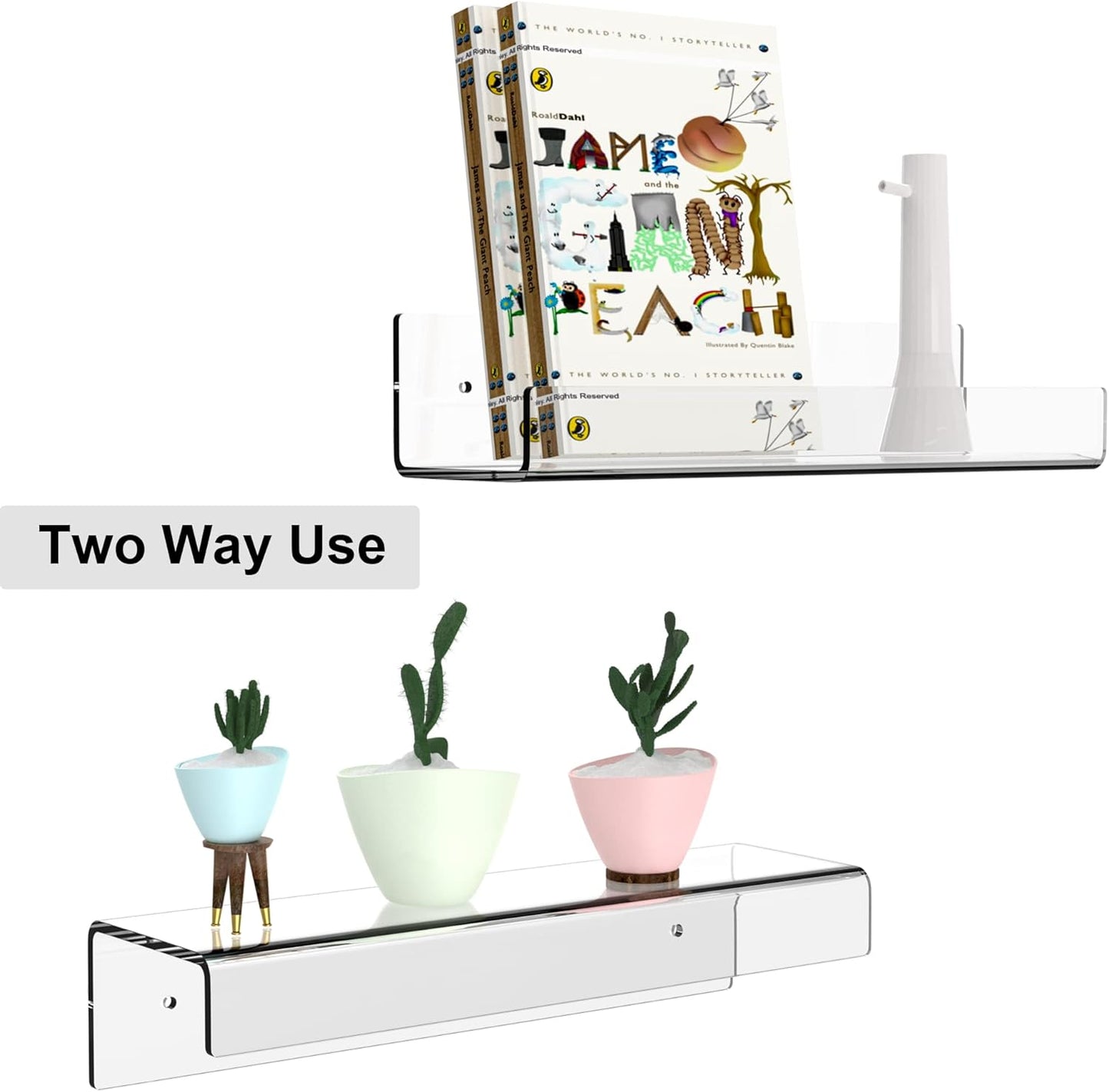 Mavachou 15 inch Display,6pcs 5MM Clear Acrylic Floating Wall Ledge Shelf Wall Mounted Nursery Kids Bookshelf Invisible