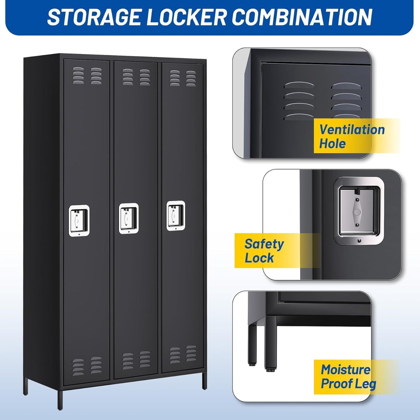 MERXENG Metal Storage Locker with 3 Doors, Metal Locker for Employees with 9 Hooks for Garage School Office Gym Home, Assembly Required, Black