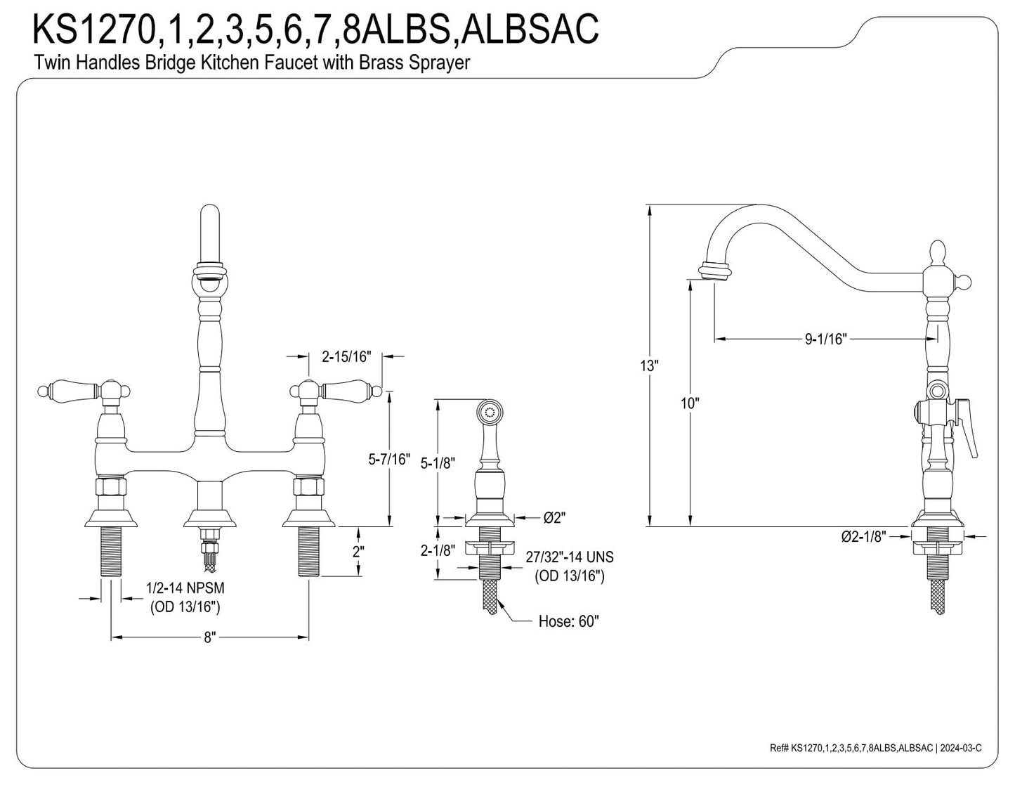 Kingston Brass KS127ALBSAC Heritage Bridge Kitchen Faucet, Antique Copper, 13.88 x 8.56 x 13.13