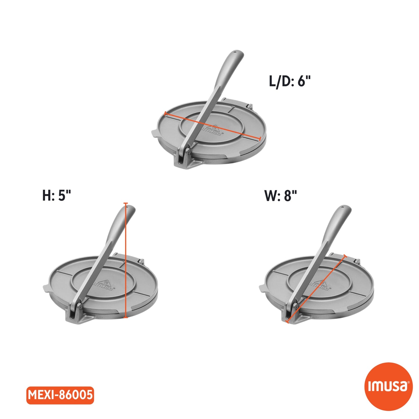 IMUSA USA MEXI-86005 6" Easy to Use Aluminum Tortilla Press, Silver,Gray