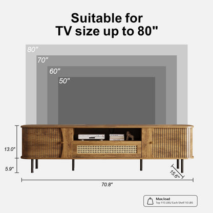 basenji Fully Assembled 71" Mid Century Modern TV Stand with Power Outlet and Sliding Doors, Rattan Entertainment Center with Storage, Wood Media Console,TV Consoles for Living Room,Walnut