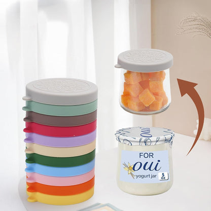 12 pack 5 oz oui yogurt jar lids - Silicone oui lids for Oui Yogurt Glass Jars,with Oui Yogurt Bottle Label, Leakproof
