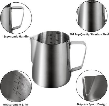 20oz 600ml Milk Frothing Pitcher, Large Capacity Stainless Steel Milk Coffee Cappuccino Latte Art Jug with Latte Art Pen