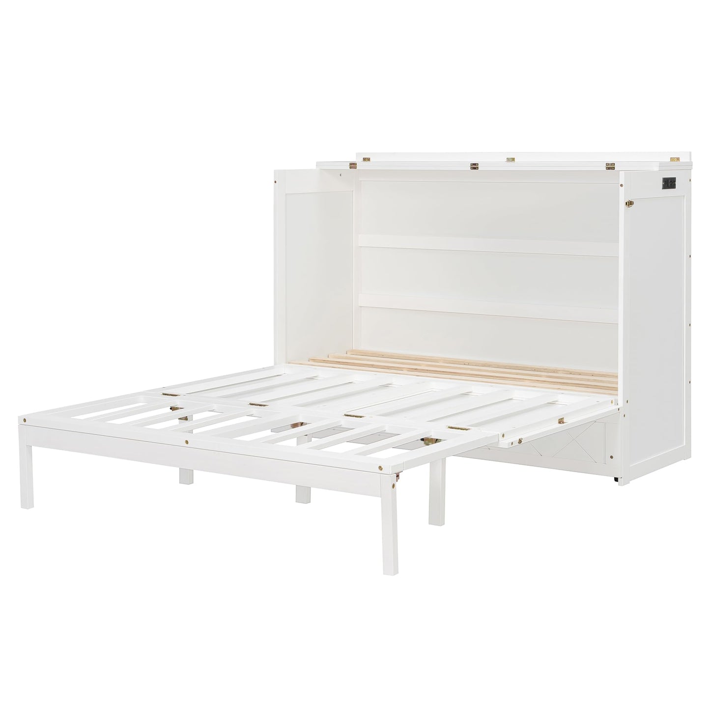 Merax Queen Size Murphy Cabinet Bed with Storage Drawers, Wall Murphy Bed with a Set of Sockets & USB Ports, Folding Platform Bed for Small Room