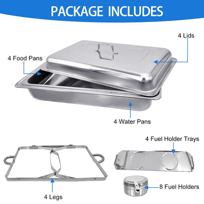 Jacgood Chafing Dish Buffet Set 4 Pack 8QT Stainless Steel Food Warmer Chafer Complete Set with Water Pan, Chafing Fuel Holder for Party Catering