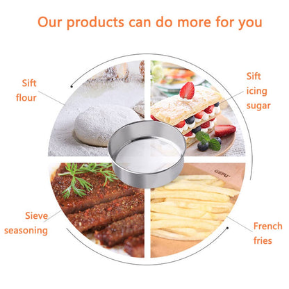 QUDUME 3 Pack Round Flour Sifter, Stainless Steel Fine Mesh Strainers Flour Sieve, 6 Inch and 8 Inch 40 Mesh 10 Inch 60 Mesh for Baking Straining Powdering Cake Bread Pies Pastries Muffin Cake