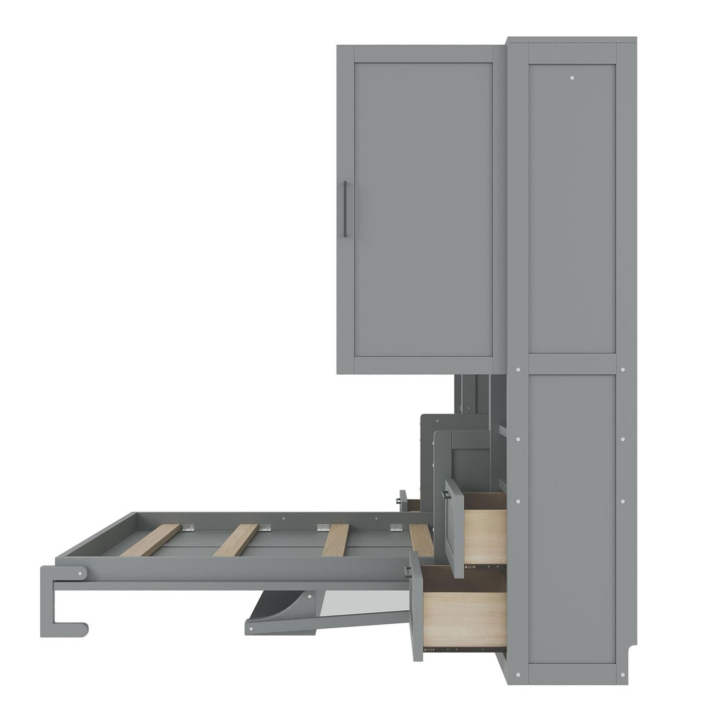 Merax Full Size Murphy Bed with Desk, Closet, Drawers and Shelves, Multifunctional Foldable Wood Platform Bed Frame for Small Spaces Studio Study Office Guest Room, Space-Saving Design, Gray