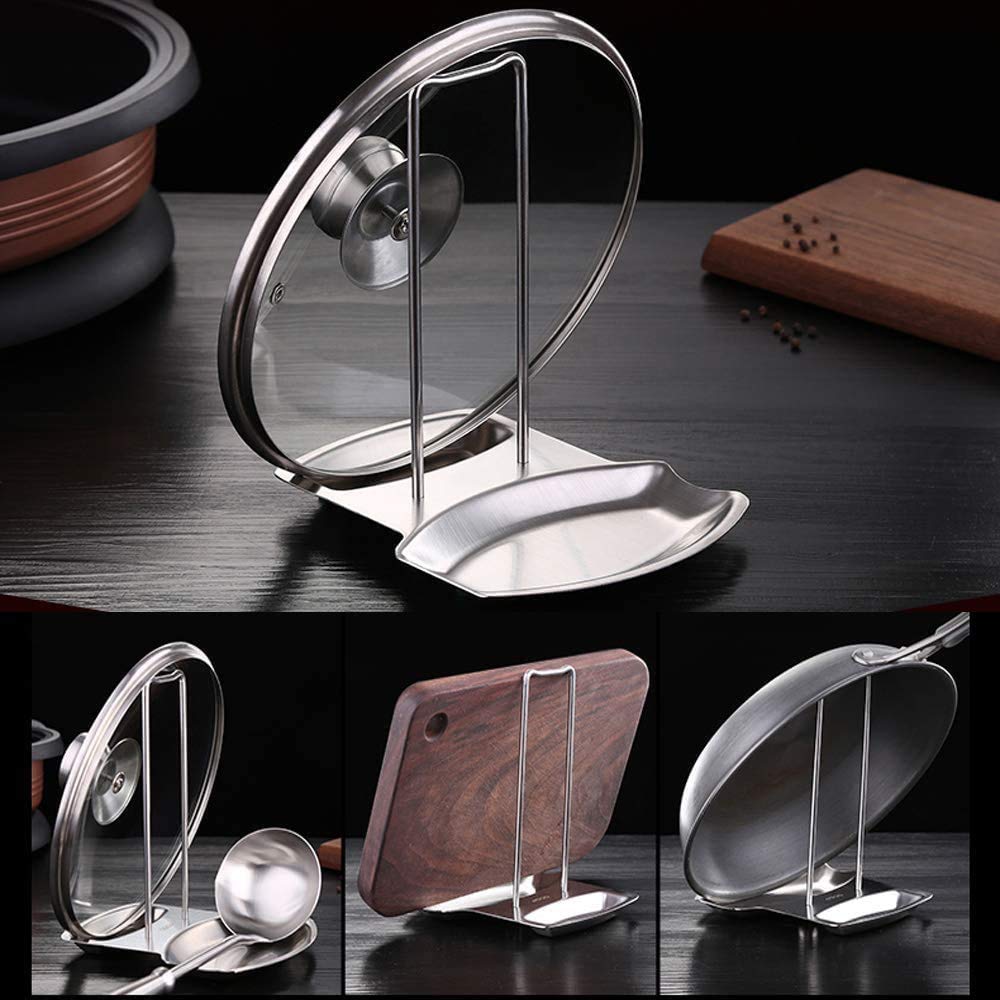 Lid and Spoon Rest Shelf,304 Stainless Steel Pan Pot Cover Lid Rack Stand Organizer,ZYLONE Pan Lid Organizer Storage Soup Spoon Rests Utensils Kitchen Tool