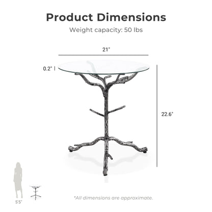 24/7 Shop at Home Lalia Modern Round End Table with Nature-Inspired Branch Base, Tempered Glass Top, Hammered Steel Frame for Living Room, Matte Grey