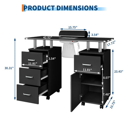 PeacefulHues Manicure Table for Nail Tech, Nail Desk Table Station with Electric Dust Collector Side Cabinet 4 Drawers and Wrist Rest, Beauty Salon Nail Supplies Decor Workstation, Black