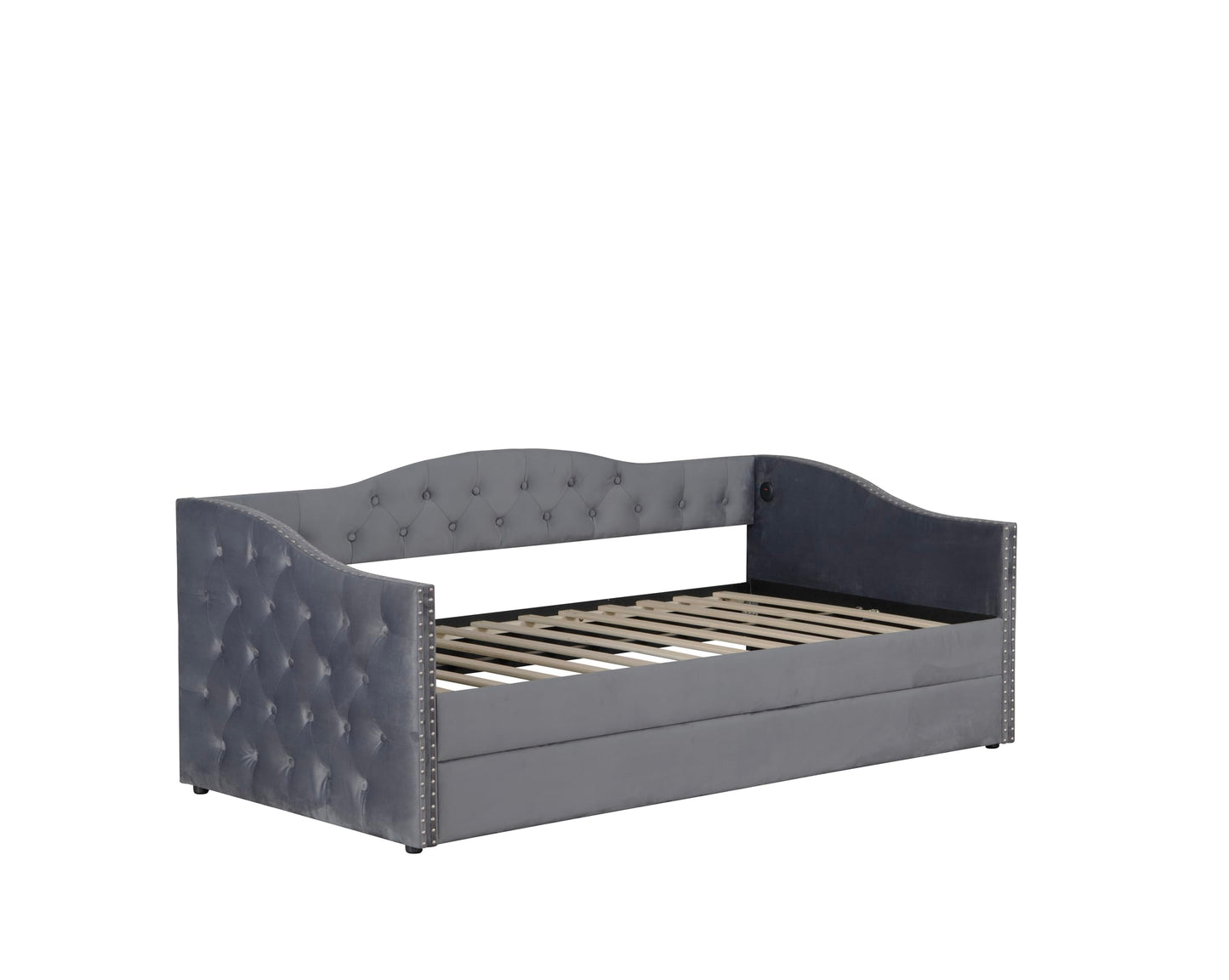 GDFStudio Twin Size Bed Frame with Trundle, Upholstered Twin Daybed with USB Charging Station, Diamond Tufted Velvet Sofa Bed, Wood Platform Twin Bed Frame with Solid Slat, No Box Spring Needed, Gray