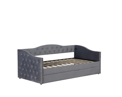 GDFStudio Twin Size Bed Frame with Trundle, Upholstered Twin Daybed with USB Charging Station, Diamond Tufted Velvet Sofa Bed, Wood Platform Twin Bed Frame with Solid Slat, No Box Spring Needed, Gray
