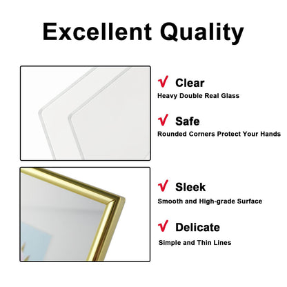 CROXXID 5x7 Floating Picture Frames Set of 2, Made of Metal and Double Real Glass, for Photo Size up to 7x9, Tabletop Display Home or Wedding Decoration (Horizontal Gold)