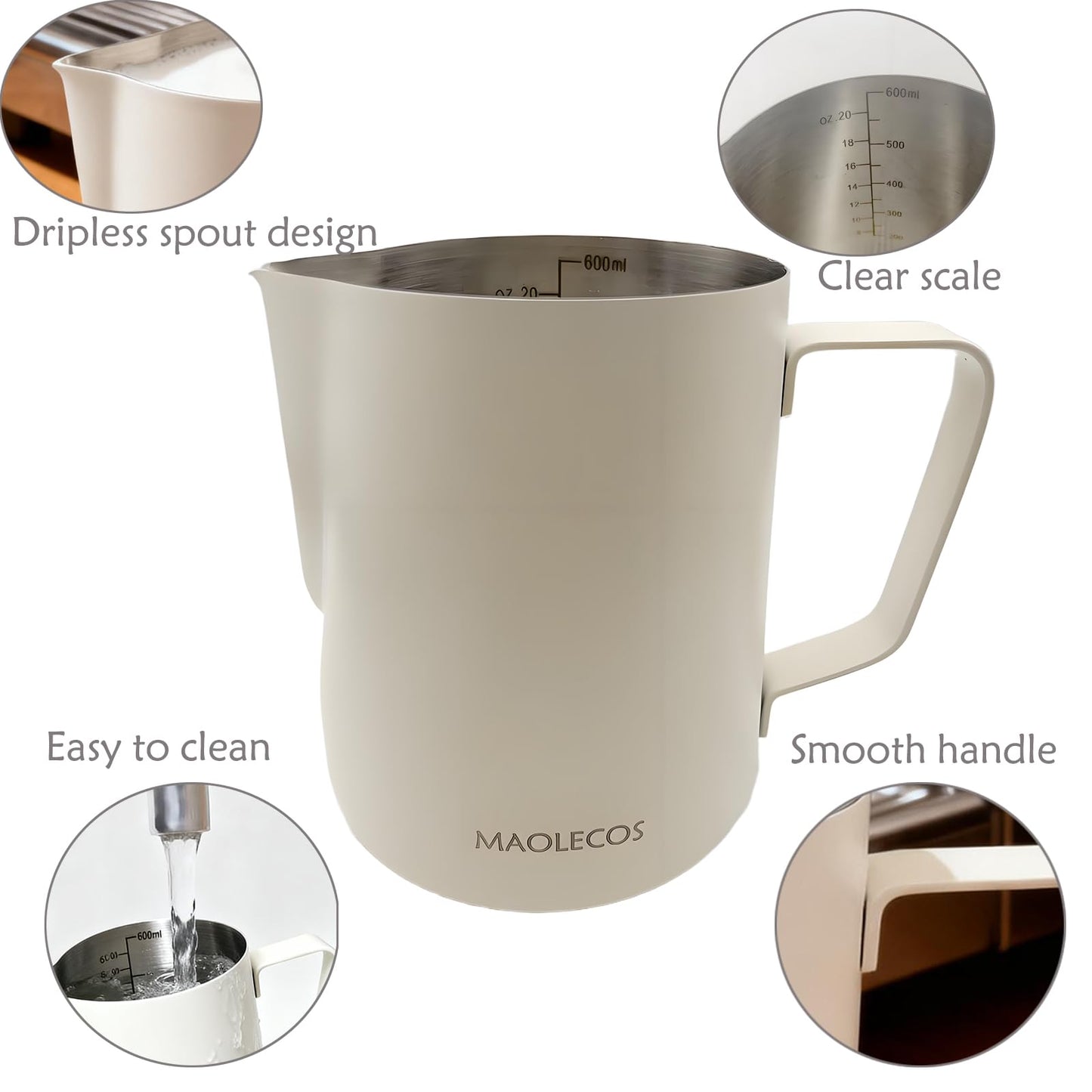 MAOLECOS Milk Frothing Pitcher - 20 OZ Metal Milk Frother Pitcher Jug Stainless Steel Steaming Pitcher, Espresso Measuring Cups with Handle Scale, Stainless Steel Espresso Cups Kit for Coffee maker