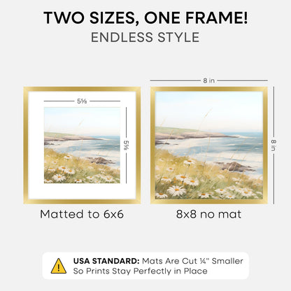 Homeforia 8x8 Picture Frame Gold, High End Metal 8 x 8 Square Photo Frames with Mat 6 by 6, 8x8 Poster Frame Matted to 6x6 inches Print, 8by8 Wall or Tabletop Frame, Tempered Glass, Wall Kit, Set of 1