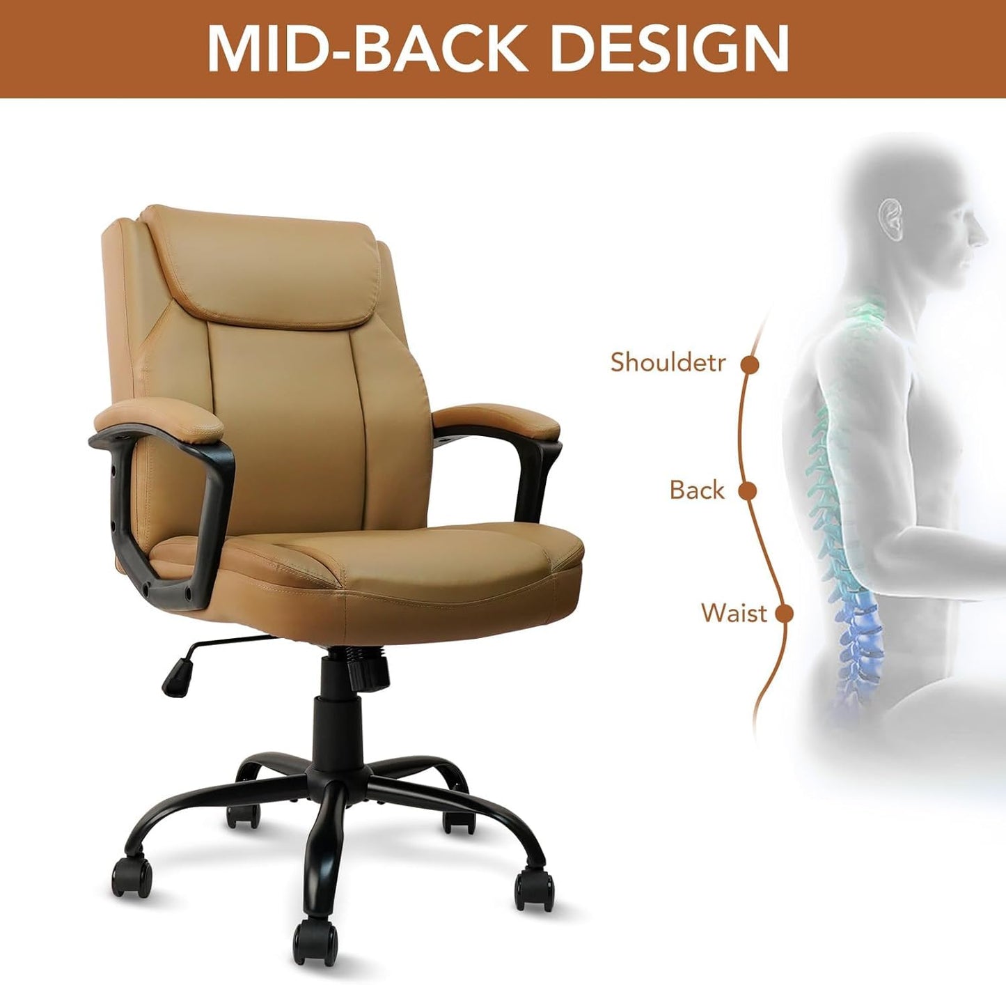 CLATINA Office Chair, Ergonomic Mid-Back Executive Office Chair, PU Leather Desk Chair Swivel Rolling Computer Task Chair with Lumbar Support and Padded Armrests for Home (Brown 4 Pack)