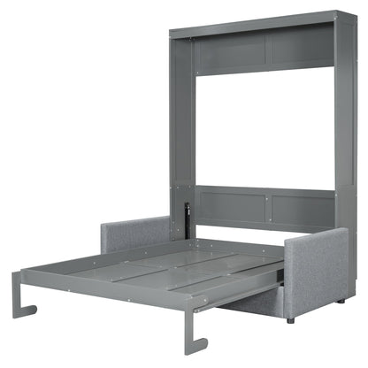 Merax Full Size Murphy Bed, Wood Multi-Function Wallbed with Sofa, Wooden Slat Support for Kids, Teens, Adults, Gray