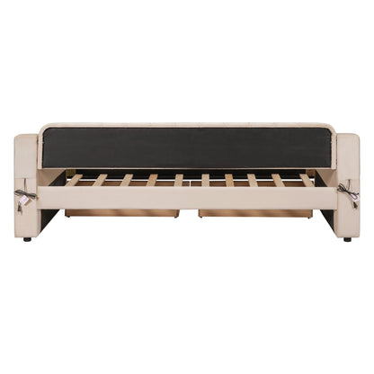 Brisca Twin Size Upholstered Daybed with Storage Armrests and USB Port,Bed Frame W/ 2 Drawers & Wood Slats Support,for Bedroom,Apartment,Guest Room,Beige