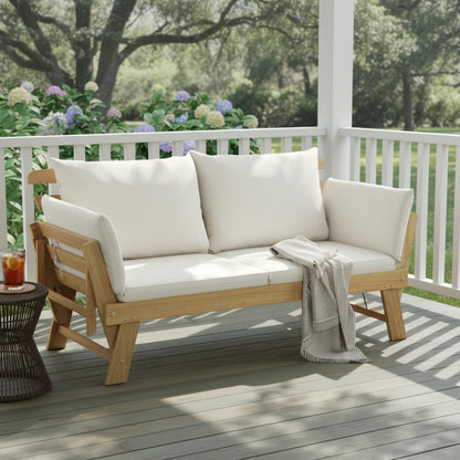 Tangkula Convertible Acacia Wood Patio Couch Sofa Bed with Adjustable Armrest, Outdoor Daybed with Cushion & Pillows, Outside Folding Futon Sofa Couch Bench for Porch, Courtyard, Poolside & Garden
