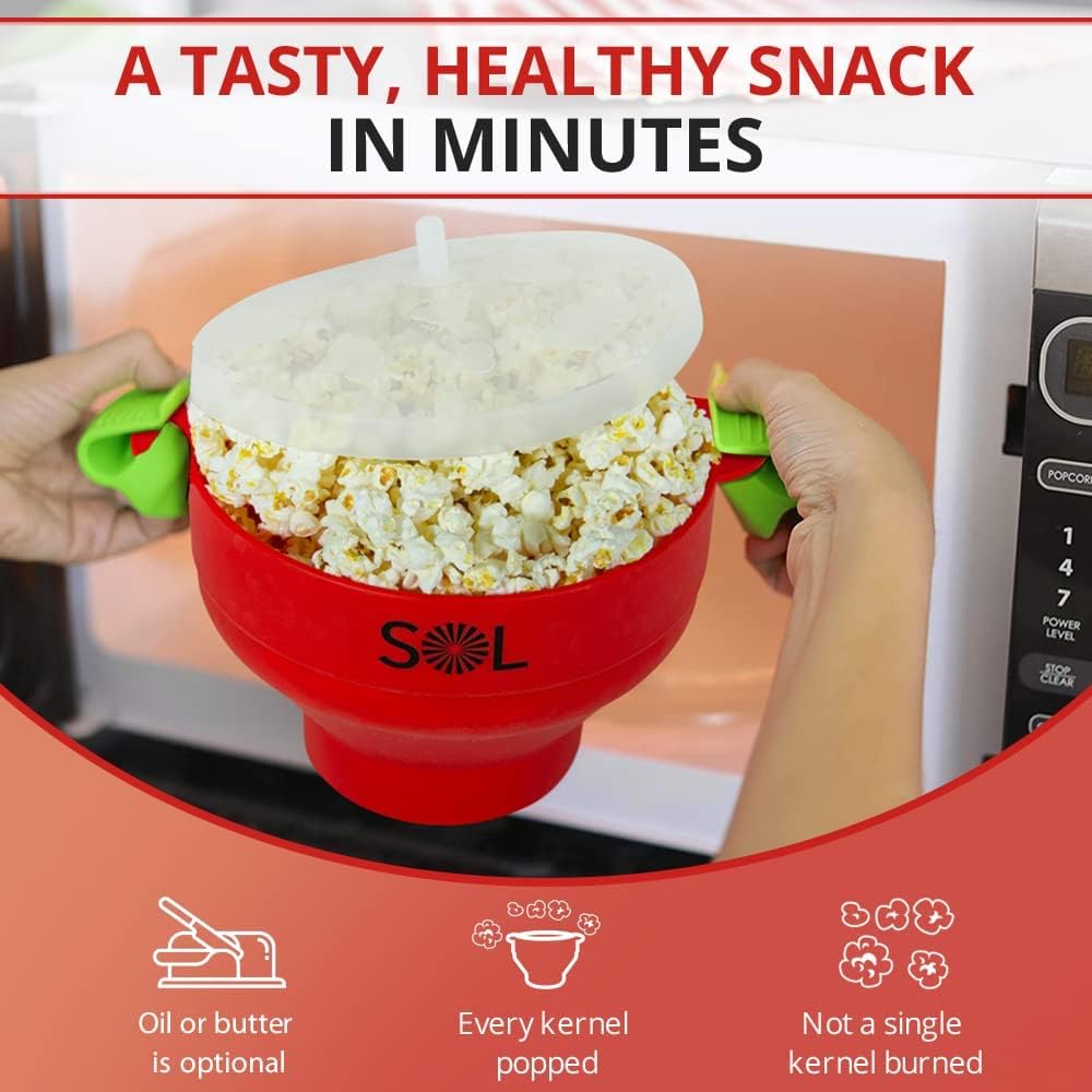 SOL Heat-Resistant Cooking Utensil Set, Microwave Silicone Popcorn Maker with Lid, BPA Free, Collapsible Bowl (Red)