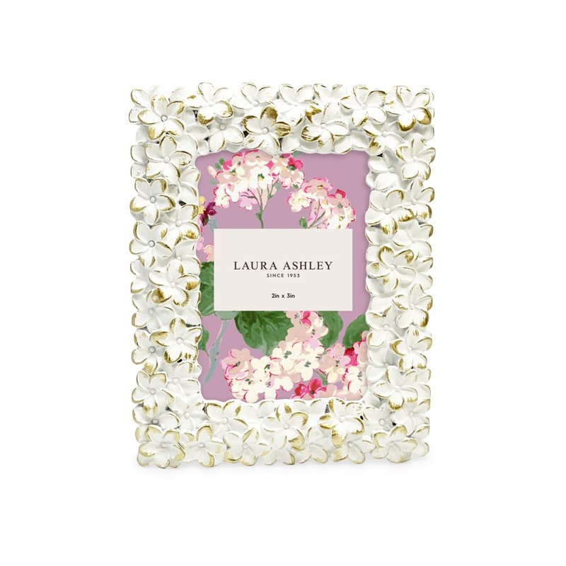 Laura Ashley 2x3 White & Gold Flower Textured Hand-Crafted Resin Picture Frame w/Easel & Hook for Tabletop & Wall Display, Decorative Floral Design Home Décor, Photo Gallery, Art (2x3, White/Gold)