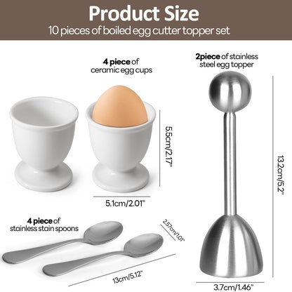 vibedor Egg Cups and Egg Cracker Set for Soft Boiled Eggs, 2 Stainless Steel Egg Cutter, 4 Stainless Stain Spoons and 4 Ceramic Egg Stands in Kitchen, Parties for Breakfast, Host