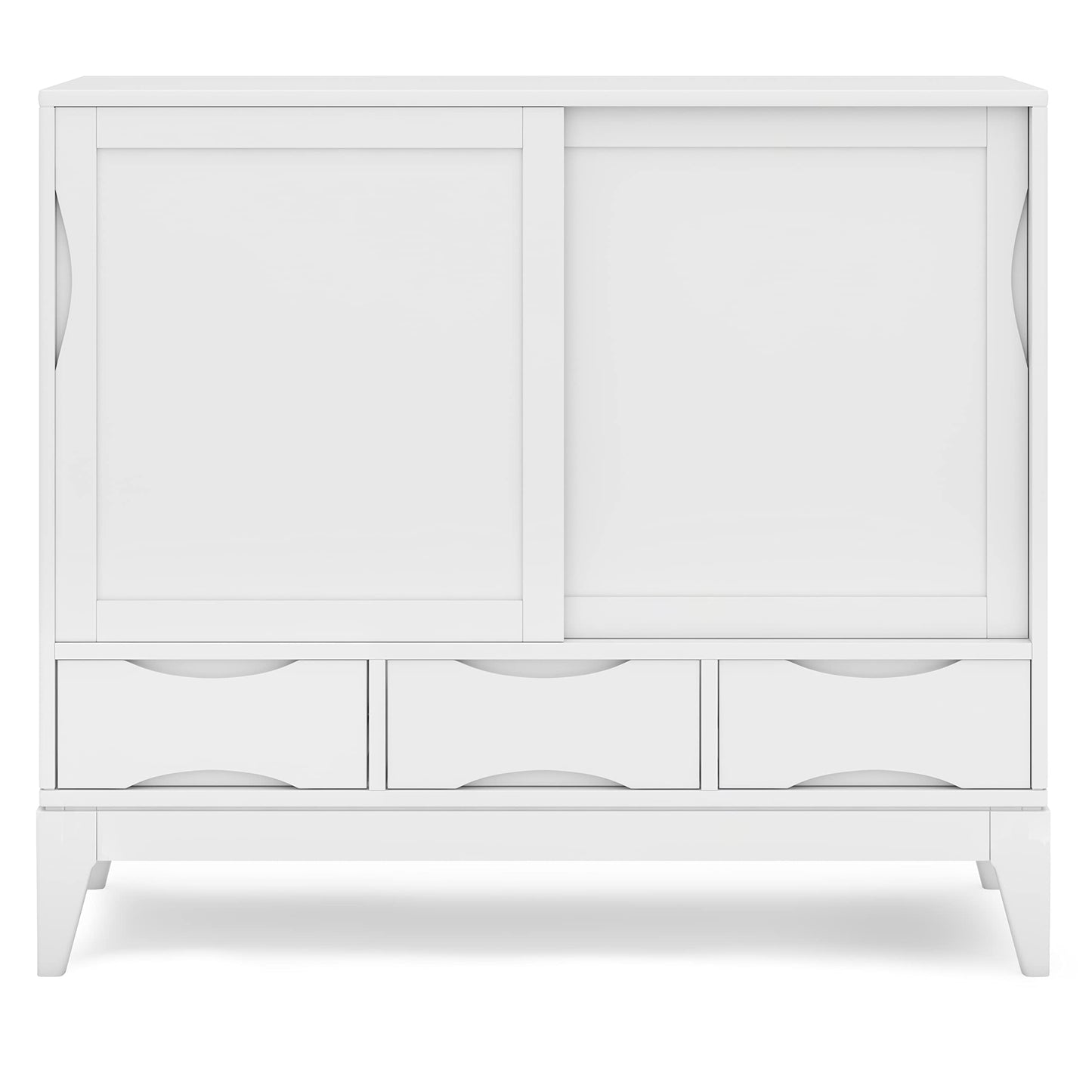 SIMPLIHOME Harper Medium Storage Cabinet - 48 inch Wide Solid Hardwood Sliding Door Cabinet in White, Mid-Century Modern Cupboard for Living Room or Entryway with 3 Drawers and Tapered Legs