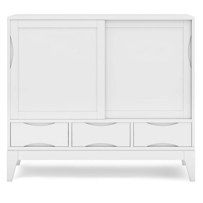 SIMPLIHOME Harper Medium Storage Cabinet - 48 inch Wide Solid Hardwood Sliding Door Cabinet in White, Mid-Century Modern Cupboard for Living Room or Entryway with 3 Drawers and Tapered Legs