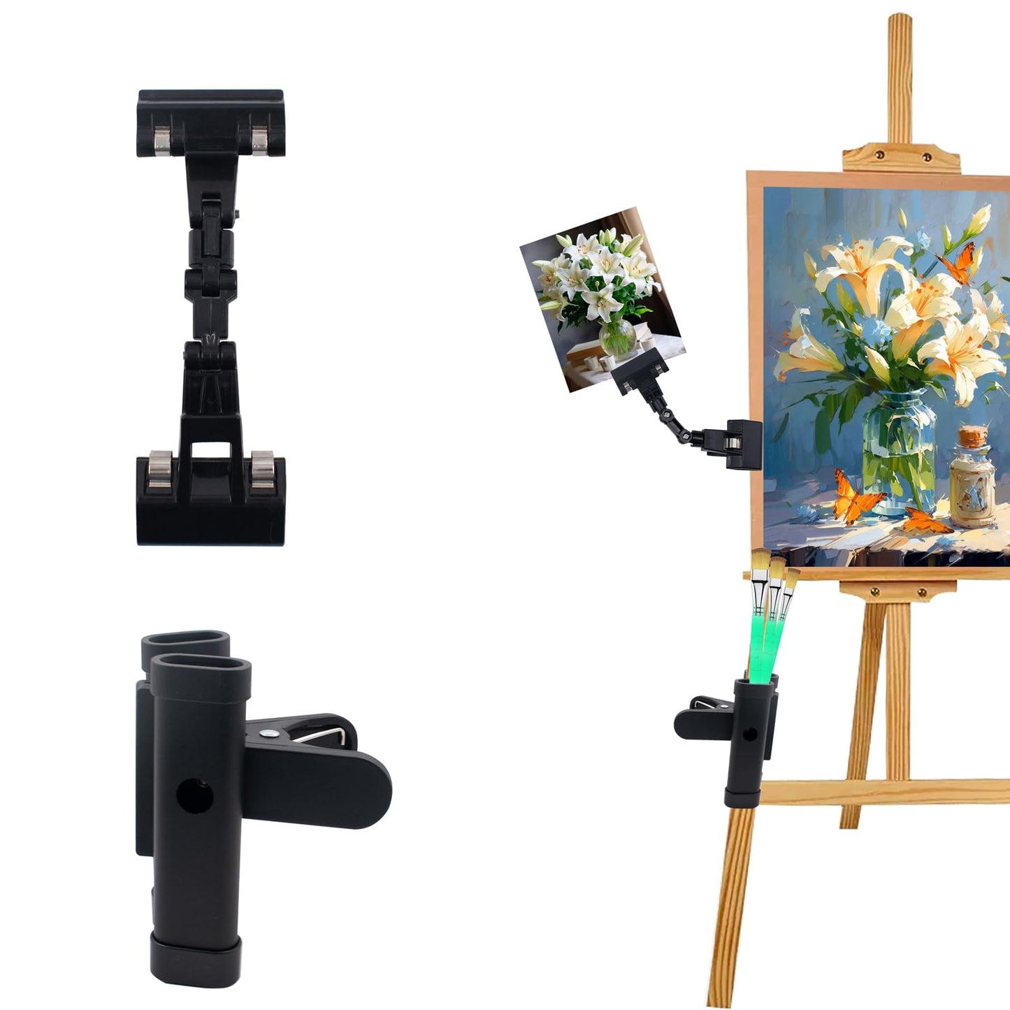 SnowTing Easel Brush Clip with Adjustable Copy Holder Clip, Metal Drum Stick Holder, 360° Rotatable Plastic Paper Copy Clamp, Portable Art Studio Accessories and Plein Air Painting Supplies
