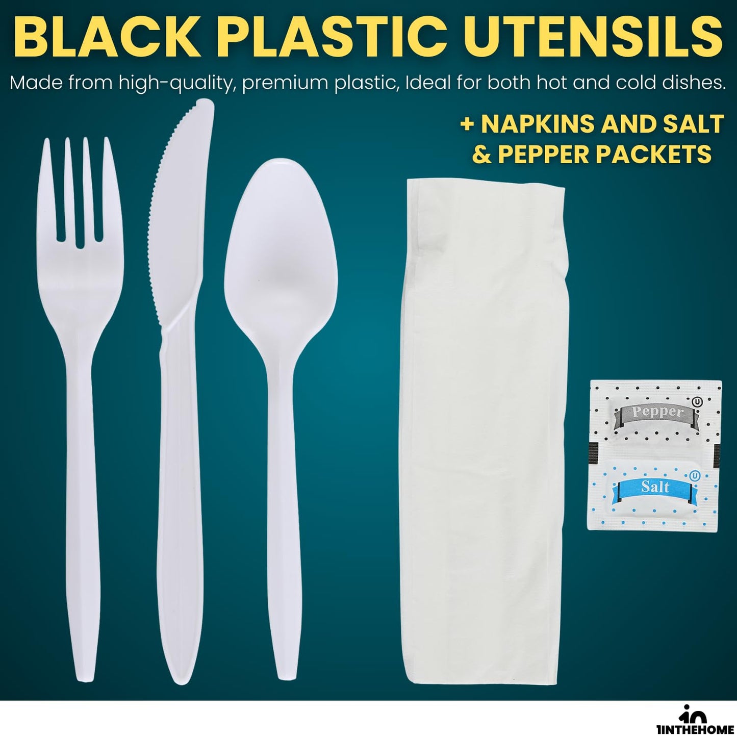 1InTheHome Cutlery Set Disposable, Plastic Wrapped Cutlery Kit (Knife/Fork/Teaspoon/Napkin/Salt and Pepper), Heavy Duty, 50 Pack
